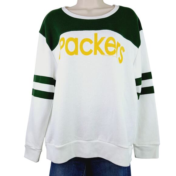 Junk Food Women's SZ M Green Bay Packets Crew Neck Sweatshirt White Gold Green - Picture 2 of 5